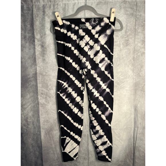Victoria’s Secret PINK Tie Dye Leggings Black White High Waist Pants Size Large - Picture 2 of 6